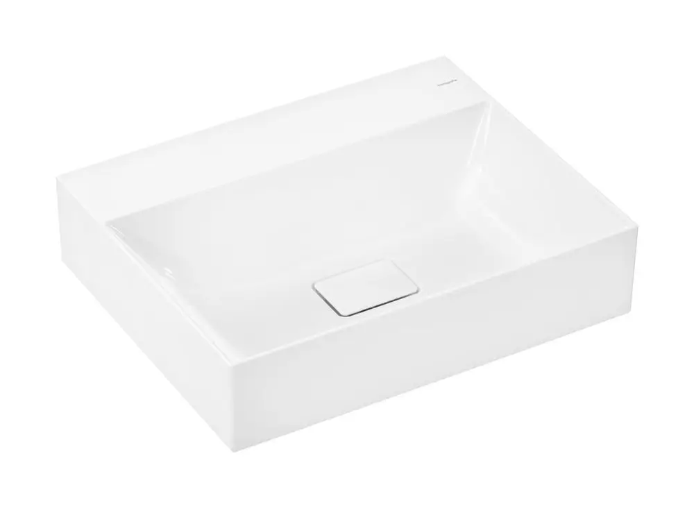 Weißer Waschbecken aus Keramik von Hansgrohe, rechteckige Form ohne Hahnloch und Überlauf, mit SmartClean Oberfläche zur einfachen Reinigung.